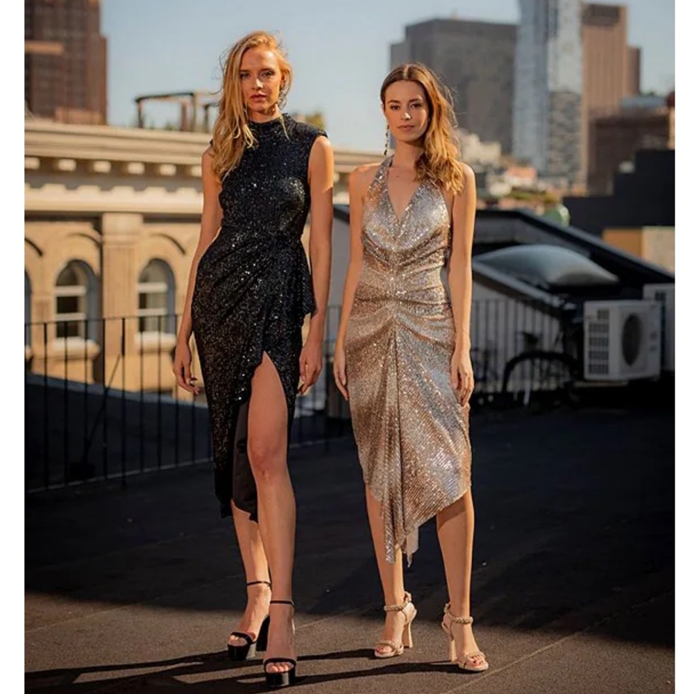 NWT Belle Badgley Mischka Julia Sequin Ruched Ombre  Drape Front Dress - Picture 3 of 9